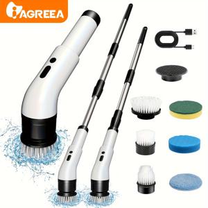 TEMU IAGREEA 전동 회전식 스크러버, 3단계 속도 조절, 무선 전동 회전식 청소 브러시, 9/6개 교체용 브러시 헤드가 포함된 핸드헬드 샤워기, 길이 조절식 연장 핸들, 타일, 욕조, 벽, 욕실용, USB-C 충전 케이블 IPX5