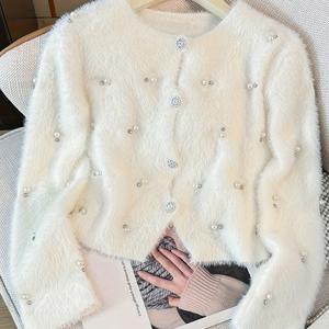 TEMU 버튼 프런트 퍼피 비디드 카디건, 가을과 겨울을 위한 세련된 롱슬리브 크루넥 카디건, 여성 의류
