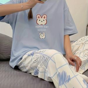 TEMU 여성 캐주얼 홈웨어 반팔 긴 바지 라운드넥 후드 레터 만화 토끼 프린트 여름 잠옷 세트