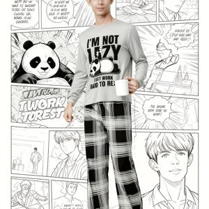 TEMU 2피스 청소년용 캐주얼 홈웨어 세트, 귀여운 판다 글자 프린트 라운드 넥 긴팔 & 체크무늬 바지, 편안하고 피부 친화적인 세트, 일상 선물로 적합