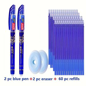 TEMU 64개/세트 지워지는 젤 펜 0.5mm 젤 리필 파란색 검은색 지워지는 사무용 필기 문구 학교 용품 | 신학기 | 저렴한 학교 용품 | 입학 선물 (펜 2개, 지우개 2개, 리필 60개)