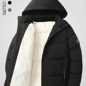 2025년 겨울 신상 남성용 솔리드 컬러 플리스 후드 재킷, 엑스트라 안감, 탈부착 가능한 후드가 있는 캐주얼 두꺼운 코트