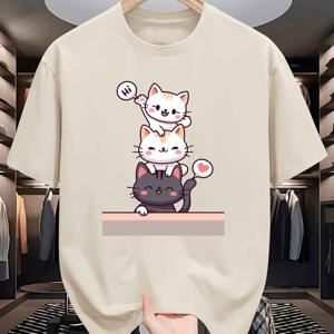 TEMU T0904 세 마리 고양이 남성 여름 반팔 티셔츠, 패셔너블한 프린팅 남성 베이스 셔츠, 남자 청소년 봄 여름 라운드넥 캐주얼 멀티탑