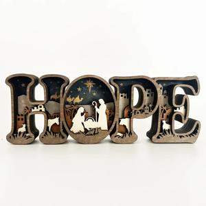 TEMU 나무 크리스마스 성탄 장면 'Hope' 레터 장식 사인, 3D 조각 나무 종교 테이블 장식, 가정 및 사무실에 적합, 성탄절 시즌 휴일 선물 할로윈 크리스마스 장식