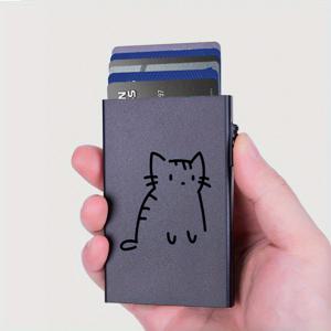 TEMU 슬림 RFID 차단 방지 지갑 - 귀여운 고양이 스케치 디자인, 내구성 알루미늄 소재, 안전한 스냅 잠금장치, 비즈니스 선물 추천, 신용카드 홀더 및 포켓 커버, 카드 케이스