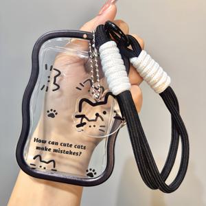 TEMU 귀여운 고양이 테마 TPU ID & 업무 카드 거치대, 웨이브 디자인, 땋은 팔찌 & 참 펜던트 포함 - 