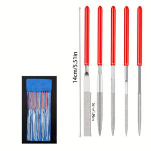 TEMU 5pcs 미니 네일 파일 세트, 정밀한 공예, 휴대용, 빨간 손잡이, 세라믹, 목공, 보석 연마, 조각 및 작은 프로젝트, 연마, 청소, 녹 제거, 전원 없이 사용