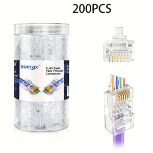 Zoerax 200개 벌크 Cat6 RJ45 커넥터, EZ 범용 이더넷 플러그, 단선 또는 연선 UTP 네트워크 케이블용