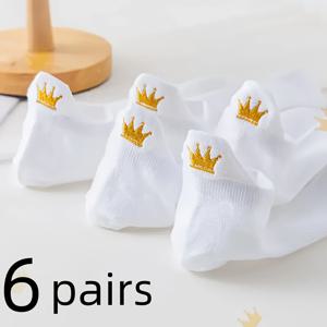 TEMU 여성용 양말 6켤레, 자수 왕관 흰색 봄 여름 로우컷 얕은 입구 숏 삭스, 한국 스타일 흡습성 여성 트렌디 양말