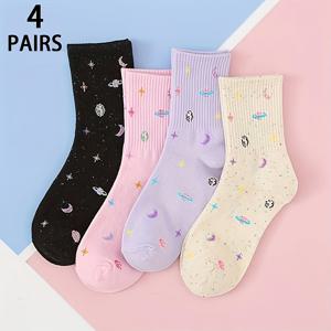 TEMU 4켤레 랜덤 배송 여성용 미드 카프 양말, 별 소행성 자카드 패턴, 밝은 톤의 달콤하고 스타일리시한 다용도 편안한 트렌디 스포츠 양말, 데일리룩으로 이상적