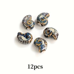 12개 고급 세라믹 호박알, 큰 구멍, 바다 장미 및 나선형 조개 디자인 - 주얼리 및 공예에 적합, 우아함의 향기, 주얼리 제작|광택 비즈|세라믹 비즈, 비즈 모음