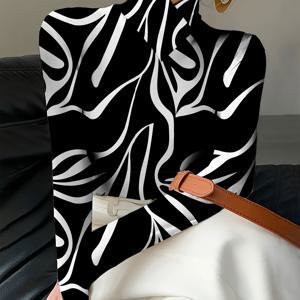 TEMU 여성용 지퍼넥 슬림 롱슬리브 티셔츠, 우아한 긴팔 베이스 셔츠 (봄/가을 여성 의류) - 지퍼넥, 제바라 무늬, 청상