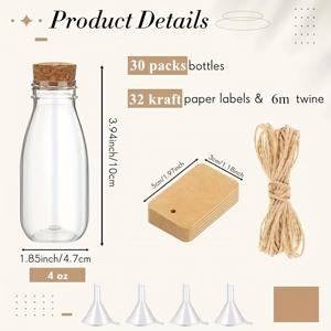 30개 4oz (약 113.4g) 플라스틱 미니 엘릭서 병, 코르크 포함, 작은 투명 선물용 항아리, 로프 및 라벨이 있는 소형 캔, 웨딩 생일 키즈 샤워 파티 사탕 DIY 공예 용기, 할로윈 크리스마스 선물용