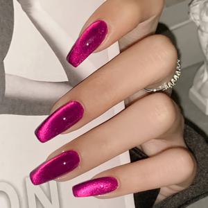 TEMU 로즈 레드 글리터 캣아이 패치 네일 24개 - 미디엄 발레 쉐이프, 밝은 얼굴, 우아한 디자인, 손발 관리용, 패션 액세서리 | 발레 스타일링 네일 | 광택 있는 외관