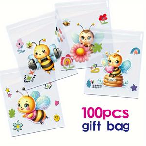 100개 귀여운 벌 테마 자체 접착 선물 가방 - 꽃, 덤벨 & 하트가 있는 생생한 만화 벌 디자인, 파티 답례품에 적합, 3.94X5.12인치, 100개 롤, 캐주얼 선물 가방 | 장난기 넘치는 디자인 | 폴리프로필렌 소재, 벌 장식