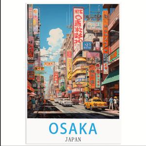 빈티지 오사카, 일본 여행 포스터 - 30.48x45.72cm 캔버스 아트 프린트, 생동감 넘치는 거리 풍경, 프레임리스, 현대 가족 침실 장식, 집이나 사무실을 위한 벽 예술, 침실 벽 장식 | 생동감 넘치는 도시 풍경 | 상세한 삽화, 일본 벽 예술
