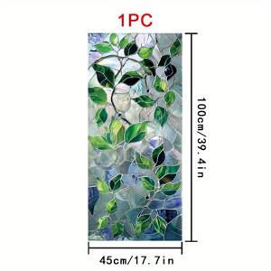 TEMU 2D 플랫 - 2D 플랫 - 1개 2D 플랫 PVC 스테인드 글라스 장식 창문 스티커, 유리와 녹색 잎사귀, 자연스러운 산뜻한 분위기, 정전기 부착식 프라이버시 창문 필름, 접착제 불필요 내열 제거 가능 가정용 창문, 욕실 문
