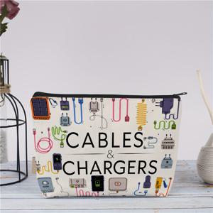 TEMU 충전 기기 심볼이 있는 흰색 케이블 및 충전기 보관 파우치 - 튼튼한 패브릭 여행용 케이스, 보조 배터리, 코드 및 전자 기기 보관에 적합 - 남녀공용 테크 선물, 케이블 정리 가방