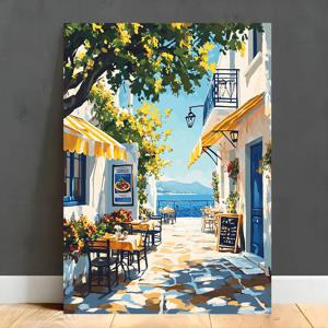 TEMU 1개 나무 프레임 캔버스 그림 - 야외 식당과 바다 전망이 있는 지중해 거리 풍경, 화이트 빌딩과 블루 도어, 꽃 피는 해안 예술 인쇄물 - 침실, 거실용 벽 장식