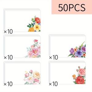50개입, 플로럴 블랭크 메시지 , 5가지 다양한 디자인, 포켓 카드, 지갑 카드, 명함, 흰색 인사 카드, 무코팅, 감사, 메모, 정보, 쓰기 카드, 메일링 카드, 소규모 비즈니스 용품, 선물 태그, 생일
