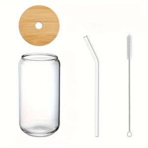 TEMU 4개/세트 (550ml 물컵 1개, 대나무 커버 1개, 유리 빨대 1개, 빨대 브러시 1개) 21.3Oz (약 603.8g) 고 붕규산 유리 물컵. 귀여운 재사용 가능한 유리 병, 아이스 커피 컵, 티컵, 가정 및 레스토랑용