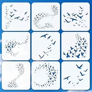 TEMU 9개 재사용 가능한 15.24X15.24Cm 새 실루엣 스텐실 - 9개 유니크한 날아다니는 새 디자인, 공예, 스크랩북, 패브릭 및 나무 벽 예술용 - 홈 데코, 인사말 카드 및 저널 페인팅 템플릿, 새 애호가 선물, 자연에서 영감을 받은 공예