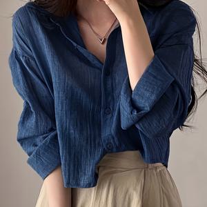 TEMU 여성용 여름 캐주얼 긴팔 셔츠 - 가벼운 거즈 세로 크롭 탑, 통기성 원단 일본/한국 스타일 단색 상의, 편안한 야외 여행복, 비침 없는 소재