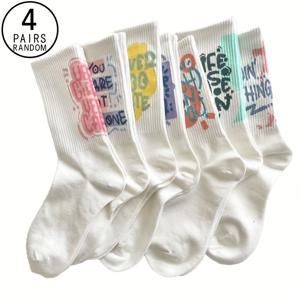 TEMU 3/4켤레 멀티 스펙 랜덤 색상 미드 카프 여성 양말 패션 트렌디 힐 레터 화이트 다용도 세로 올 시즌 양말