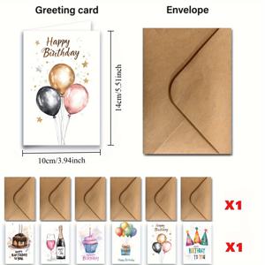 TEMU 12개 수채화 풍선과 생일 케이크 해피 버스데이 카드 세트와 봉투 - 가족, 친구, 동료를 위한 빈 메모 카드, 목가적 테마, 단색, 추수감사절, 축하, 기념일, 생일, 감사 행사에 완벽, 종이 재질, 영어, 생일 파티 장식, 크리스마스에 가장 적합