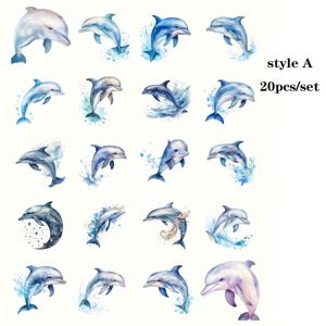 TEMU 20개/세트 레트로 수채화 돌고래 해양 동물 스티커 - 고품질 DIY 노트북, 스크랩북 & 저널 장식 2D 평면 데칼, 플래너 액세서리, 아티스틱 디자인, 핸드메이드 느낌, 광택 마감, 공예 애호가, 문구 수집가용