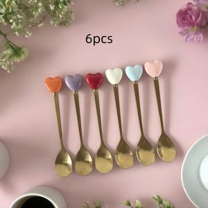 우아한 금도금 스테인리스 스틸 디저트 스푼 6개 세트 - 스푼 6개 포함 | 세라믹 손잡이 티 스푼 (14Cm/11Cm) | 오후 티, 결혼식, 디저트 모임에 적합