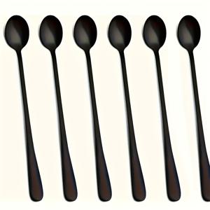 TEMU 6pcs 세트 긴 손잡이 아이스티 스푼, 블랙 스터링 스푼, 스테인리스 커피스푼, 칵테일 스터러, 미러 폴리싱 티스푼, 식기세척기 사용 가능 - 가정용, 레스토랑 및 바용
