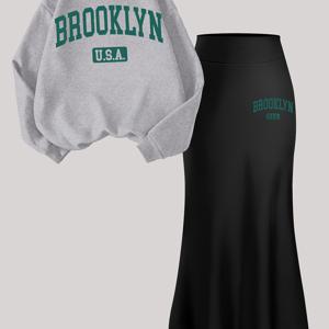 여성용 스커트 세트 2pcs: 'BROOKLYN' 레터 프린트 크루넥 긴소매 풀오버 스웨트셔츠와 미디 하이웨이스트 스커트, 외출용 또는 사무실 복장에 적합한 캐주얼 스웨트셔츠 - C5+Q6