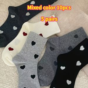TEMU 여성용 하트 프린트 미드 튜브 양말 5켤레, 우아한 블랙 및 레드 하트 패턴 양말, 두껍고 따뜻한 가을 겨울 스타일, 패셔너블하고 캐주얼한 데일리웨어, 포켓 디자인, 귀엽고 부드럽고 편안한 양말