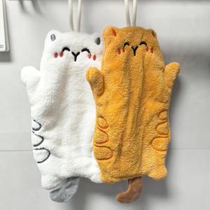 귀여운 고양이 디자인의 2개 울트라 소프트 코랄 플리스 행잉 타월 - 빠른 건조, 빠른 건조 주방 & 욕실 핸드 타월, 루프가 있는 현대적인 화이트 & 옐로우 고양이 패턴 홈 데코, 욕실 장식|재미있는 고양이 디자인|부드러운 질감 타월, 욕실 타월