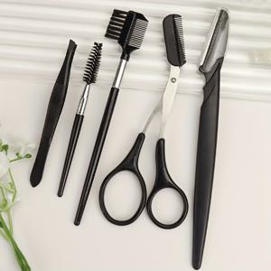J-FOCUS 5종 블랙 얼굴 눈썹 정리 키트, 전문가용 눈썹 가위 세트 (눈썹 브러쉬, 빗, 눈썹 가위, 눈썹 빗, 직선 손잡이 눈썹 면도기, 사선 팁 핀셋 포함). 스테인리스 스틸 눈썹 가위 및 면도기 헤어 제거기로 정밀한 뷰티 스타일링. 오른손잡이용 설계, 전문가 및 가정용 이중 목적, 내구성 있는 메이크업 도구 세트