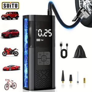 TEMU Suitu 차량용 미니 타이어 공기 주입기, USB 충전식 리튬 배터리 휴대용 고출력 에어 컴프레서, 정확한 공기압 감지를 위한 디지털 압력계 장착, 견고한 구조