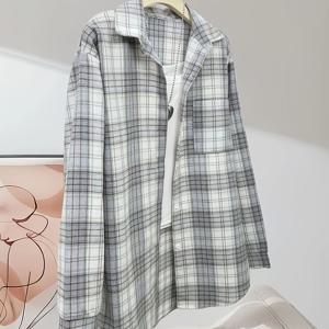 TEMU 여성 블라우스, 봄 가을 파란색 흰색 체크 카디건 재킷, 출퇴근 집 야외 다용도 캐주얼, 속옷 겉옷