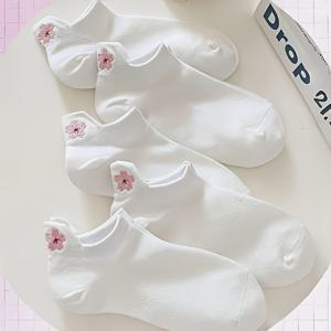 TEMU 여성용 자수 흰색 양말 5/10켤레, 봄, 가을, 사계절용 여성 반양말, 얇은 일본 스타일 귀여운 로우컷 보트 삭스, 땀 흡수성 및 통기성, 로우탑 보이지 않는 발목 양말