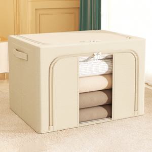 TEMU 100L/66L 대용량 접이식 린넨 보관함, 단색 스틸 프레임 싱글 윈도우 & 더블 오프닝 디자인, 투명 창문 및 손잡이 포함, 옷과 이불 정리용, 침대 밑 수납 가능, 홈 또는 계절 사용에 적합한 의류 수납
