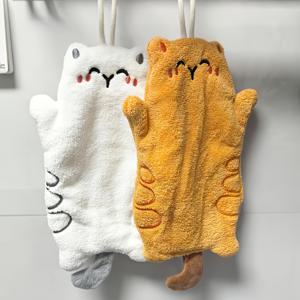 2개입 초극세사 코랄 플리스 고양이 핸드 타월, 오렌지색과 흰색 고양이 디자인, 걸이용으로 편리, 흡수력 뛰어남, 보풀 없음, 빠른 건조. 주방 및 욕실 핸드 타월로 적합