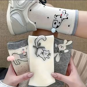 TEMU 귀여운 고양이 & 강아지 꼬리 애니메이션 중목 양말 4켤레 - 봄 여름 통기성 캐주얼 플레이웨어, 테마 파티, 의상 및 캐주얼 복장용 (4켤레 팩)