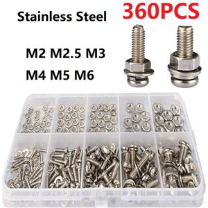 360개 SS304 스테인리스 스틸 나사 너트 볼트 모음 키트, 판 헤드 M2 M2.5 M3 M4 M5 M6, 전자 제품, 가정 수리, 사무실용, 실버