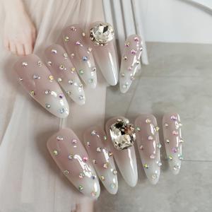 TEMU 10pcs Set of Pure Handmade Nude Pink Ombre Medium-Length Almond-Shaped Press-On Nails with Acssories, Elegant Bridal Style Nail Art Patches