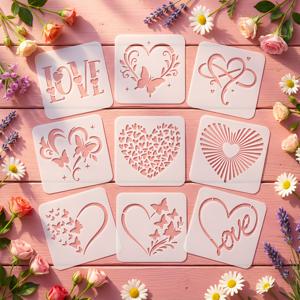 TEMU 9피스 러브 아트 크리에이티브 스텐실 세트, 10x10cm, 하트, 사랑, 장미 패턴이 있는 재사용 가능한 페인팅 템플릿. 패브릭, 캔버스, 의류, 카드, 스크랩북, 가구, 홈 데코 DIY 프로젝트에 이상적. 발렌타인데이와 휴일 선물에 완벽