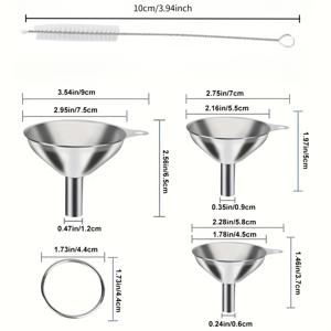 TEMU 미니 스테인리스 스틸 깔때기 세트 4개, 휴대용 소형 금속 깔때기, 청소용 브러시 및 보관용 고리 포함, 에센셜 오일, 향수, 오일, 식초, 와인, 향신료병, 가루 및 액체용 주방 충전 도구