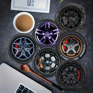 6개 휠 허브 테마 패턴 디자인 코스터 세트, 나무 코스터 세트, 내열성, 커피 및 차를 좋아하는 사람에게 적합, 가정, 바 또는 사무실 장식에 이상적