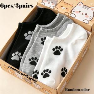 TEMU 봄 여름 여성용 귀여운 고양이 발바닥 프린트 양말 6개/3켤레, 랜덤 색상. 통기성 및 흡습성, 피부에 자극 없고 편안한 착용감. 일상복에 활력 넘치며 스포츠와 캐주얼룩 모두에 적합.