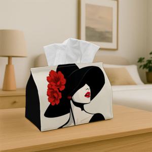 TEMU 모자를 쓴 여성 프린트 티슈 케이스 커버 1개 - 우아한 여성 형상 장식용 티슈 수납함, 둥근 모서리 패브릭 홀더, 주방, 거실, 침실, 자동차용으로 호환 - 인조 소재/탁상 또는 선반용 디스플레이