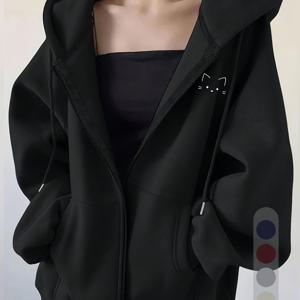 TEMU 패셔너블한 여성용 봄 가을 겨울 지퍼 스웨트셔츠 자켓, 고급스럽고 패셔너블하며 니치하고 심플하며 나이 감红色하고 활용도 높은 데일리 캐주얼, 귀엽고 부드러우며 사랑스러운 작은 아기 고양이 옆면 프린트 디자인 상의!